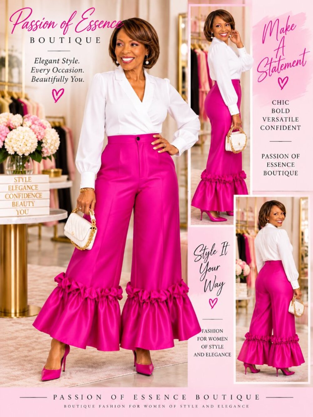 Fuchsia High-Waist Ruffle-Hem Wide-Leg Pants M